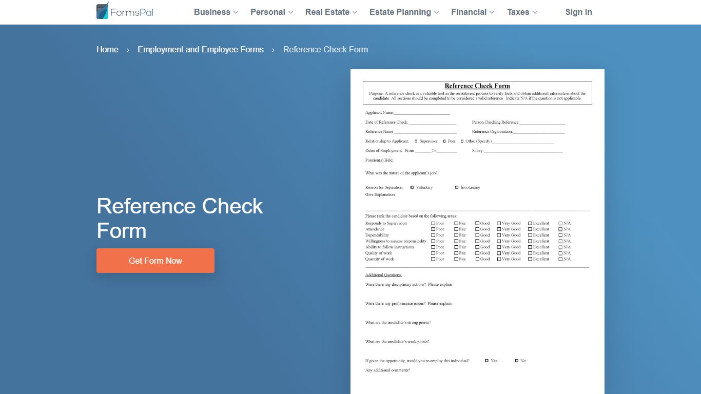 Reference Check Form (Pre-employment Verification) - FormsPal